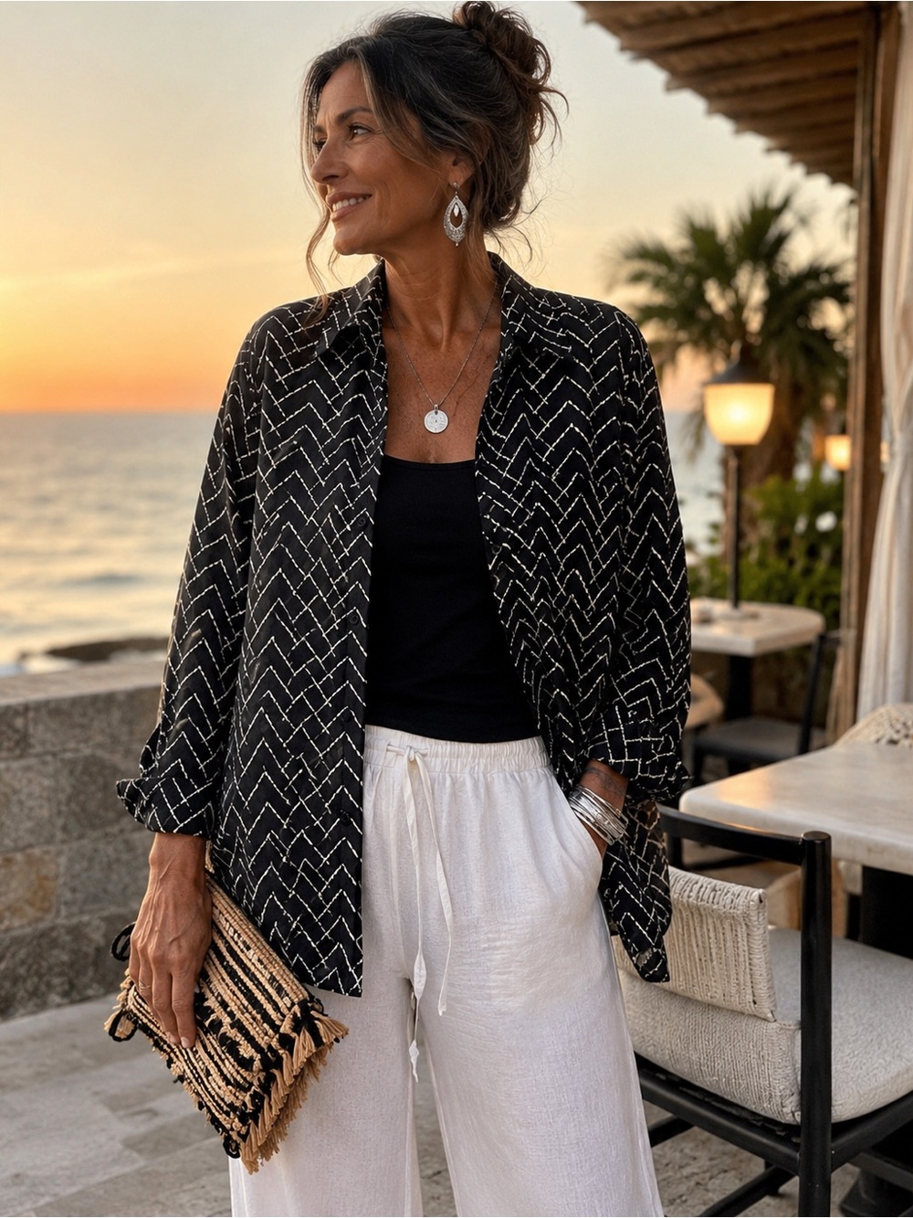 Nygard Collection Black Chevron Print Lightweight Shirt Tunic With Buttons